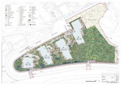 Situasjonsplan som viser tomtens grenser, naboeiendommer, beplantning og plassering av bygninger (B1, B2, B3, B4).