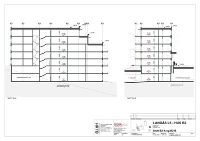 Snittegning (Snitt B2-A og B2-B) som viser bygningens tverrsnitt, etasjer og høyder.