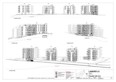 Fasadetegning som viser bygningens utseende fra fire sider (Nord, Øst, Vest, Sør).