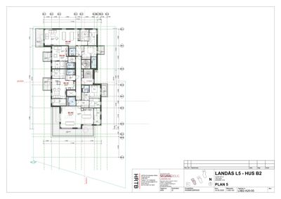 Etasjeplan (PLAN 5) som viser romfordeling og mål for en boligtype (HUS B2).