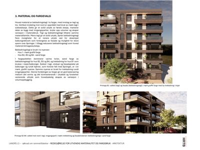 3D-visualisering av en boligblokk med tekstbeskrivelse av materialvalg og fargebruk.