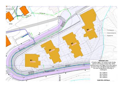 Situasjonsplan som viser tomtens form, veggrenser, nabobygninger og plassering av planlagte bygninger (B1-B4) med arealopplysninger.