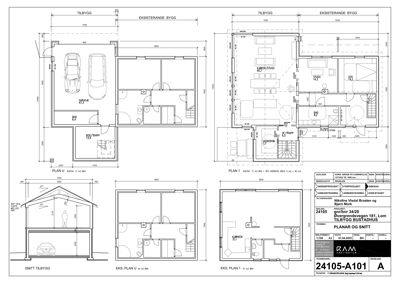 Bildet viser et sett med etasjeplaner (PLAN 1) og snittegninger for en tilbygg og eksisterende bygning.