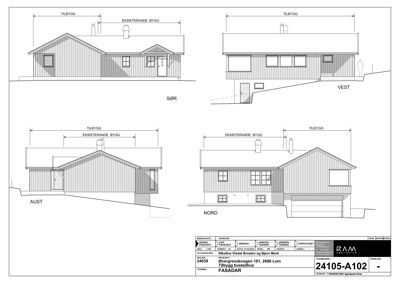 Fasadetegning som viser bygningens utseende fra fire sider (NORD, SØR, AUST, VEST) med angivelse av eksisterende og tilbygg.