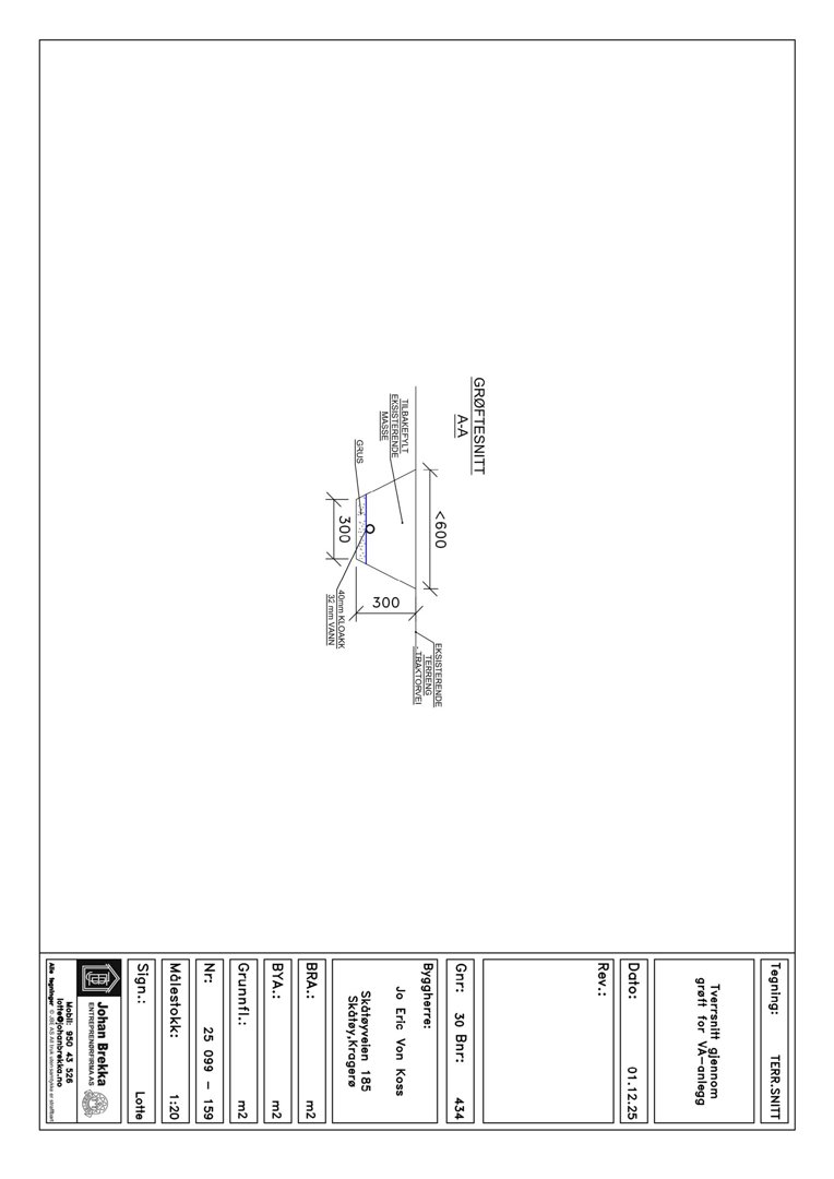 En snittegning (tverrsnitt) som viser detaljer om grunnforhold, grunntilstand og grunnfylling for et byggeprosjekt.