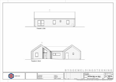 Tegning som viser fasadeopprikk for en bygning sett fra øst og nord.