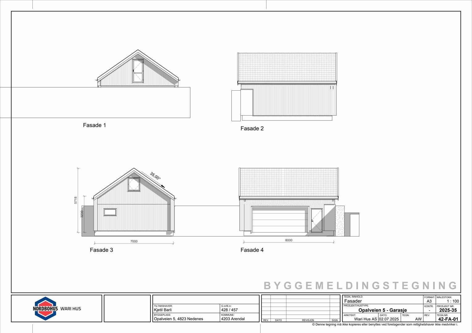Fasadetegning som viser fire utsnitt (Fasade 1-4) av en garasje med mål og detaljer.