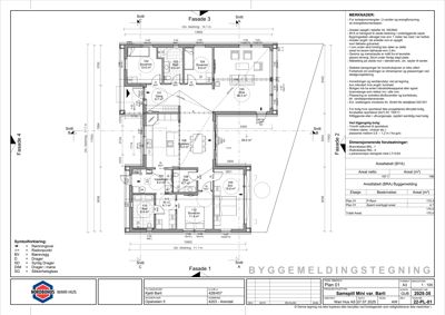 Etasjeplan (1. etasje) for en bygning med romfordeling, dimensjoner og snittlinjer.