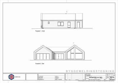 Fasadetegning som viser bygningens utsyn fra vest (Fasade 1) og sør (Fasade 2).