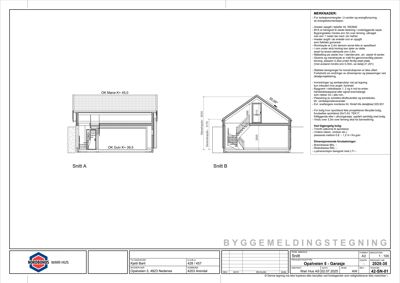Byggemeldingstegning som viser to snitt (Snitt A og Snitt B) av en garasje, inkludert mål, konstruksjonsdetaljer og merknader om byggeregler.