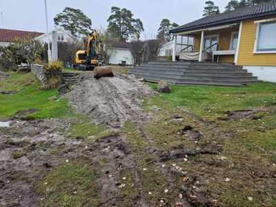 Fotografi av en byggeplass med en gulelastbil, en grusvei og en gul hytte i bakgrunnen.