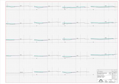 Tegning som viser detaljerte profileringer eller nivåer for ulike deler av en konstruksjon, sannsynligvis etasjeskiller eller gulvkonstruksjoner.