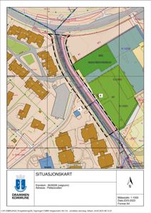 Situasjonskart som viser eiendomsforhold, bebyggelse, vegnett og topografi for eiendommen Pettersvollen i Drammen.