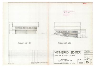 Fasadetegning for Konnerud Senter som viser fasade mot øst og vest.
