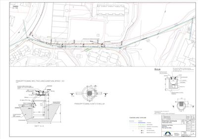 Tegning som viser situasjonsplan, prinsipp tegning for infilttrasjonsandfang, snitt og detaljtegning av bisluk.
