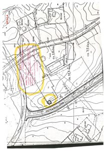 Situasjonsplan som viser tomtens beliggenhet, grenser, høydemålinger (konturlinjer) og nabolag.