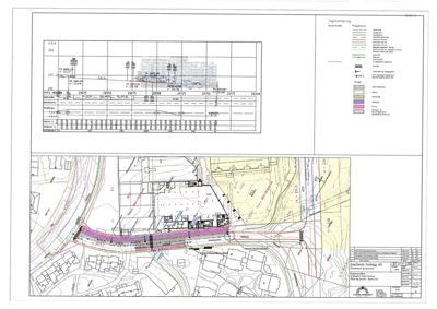 Situasjonsplan som viser tomtens beliggenhet, naboeiendommer, vegnett, høydemåler (konturer) og en planlagt eller eksisterende infrastruktur (f.eks. en vei eller gangvei markert med lilla).