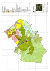 Situasjonsplan som viser et område med fargekodet arealbruk (f.eks. grønt for natur, gult for bebyggelse), vannløp, veier og en liten flyfoto i øvre høyre hjørne.