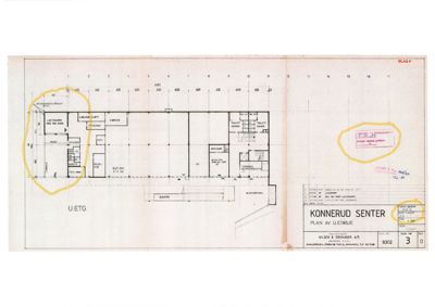 Etasjeplan (1. etasje) for Konnerud Senter, som viser romfordeling, dører og veggkonstruksjoner.