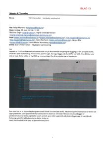 Tegning som viser et snitt av en vei med høyder (219,48 m o.l.m.) og fortaushøyder (grønn strek) i forhold til eksisterende vei (rød strek).
