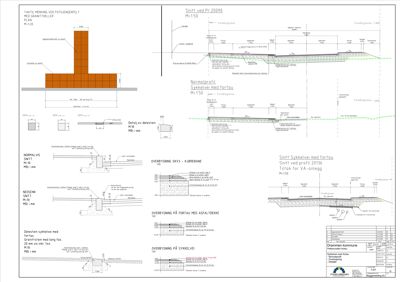 Detaljtegninger som viser snitt og overbygging for takfliser, sykkelvei med fortau og overbygging på fortau med asfaltdekke.