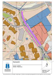 Kartutsnitt som viser eiendom 80/6028 på adressen Pettersvollen i Drammen. Kartet viser bebyggelse, veier og en markert løyve for anlegg langs Gramsvegen.