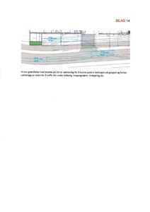 Snittegning som viser bygningens grunnmur, balkong og fortau sett i tverrsnitt.