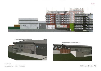Fasadetegning som viser bygningens ytre utseende fra ulike vinkler, inkludert detaljer som vinduer, materialer og arkitektoniske elementer.