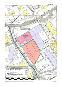Situasjonskart som viser eiendomsgranser, bygningers plassering, veier og arealdata for en byggesak.
