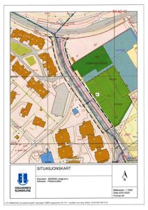 Situasjonskart som viser eiendomsgrunn, nabolag, veier og infrastruktur i Drammen kommune.