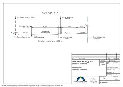 Veissnitt A-A som viser tverrsnittet av en vei med fortau, sykkelvei og formålsgrenser.