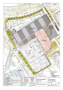 Situasjonsplan som viser Konnerudsenteret, nybygget tilbygg, parkeringsplasser og omgivelsene.