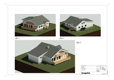 Tre 3D-visualiseringer (renderinger) av en planlagt bolig sett fra ulike vinkler.