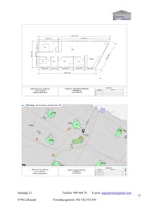 Bildet viser to tegninger: øverst en etasjeplan (floor plan) og nederst en situasjonsplan (site plan) med nabolagsoversikt.