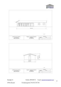 Fasadetegning som viser bygningens utseende fra to vinkler (sannsynligvis front og side), med mål og skala.