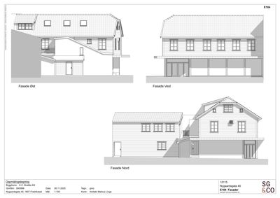 Oppmålingstegning som viser fasadeopprikk for bygningen på Nygaardsgata 40. Tegningen inneholder tre utsnitt: Fasade Øst, Fasade Vest og Fasade Nord.