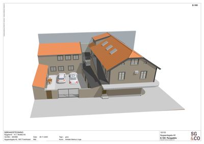 3D-perspektivtegning (rendering) av et hus med omgivelser, inkludert bilplassering og gate.
