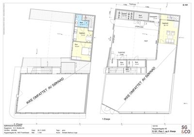 Plantegning som viser romfordeling og dimensjoner for 1. og 2. etasje av en bygning.