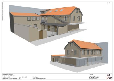 3D-visualisering (perspektivtegning) av en planlagt bygning med fasade og omgivelser