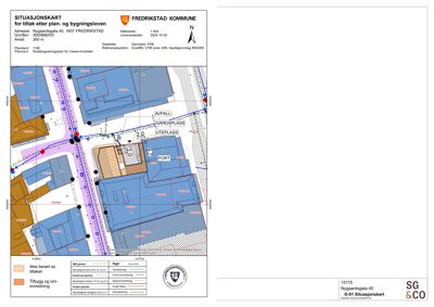 Situasjonskart som viser tomt, bygninger, veier og arealbruk for en byggesak.