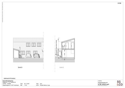 Snittegning (Snitt D og E) som viser bygningens tverrsnitt, høyder og innvendig oppdeling.