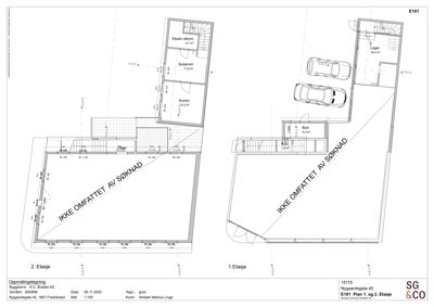 Etasjeplaner (1. og 2. etasje) med romfordeling, arealer og bilplassering.