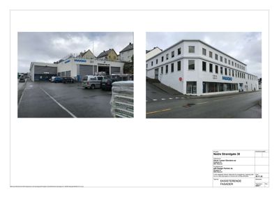 Fotografier av eksisterende fasade på bygning i Nedre Strandgate 38.