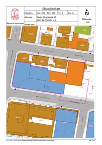 Situasjonskart som viser eiendommen Nedre Strandgate 36 i Ålesund, med omgivende tomter, veier og eiendomsnummer.