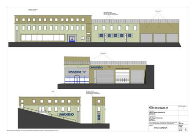 Fasadetegning som viser bygningens utseende fra flere vinkler med detaljer om vinduer, dører og fasadepaneler.