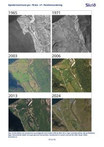 Bildet viser en side fra en rapport som inneholder et historisk flyfoto-serie (1965-2024) av eiendom og Dirdalsåna, med tekstbeskrivelse under.