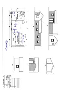 Etasjeplan med romfordeling, mål og håndskrevne notater.