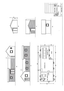 Etasjeplan med romfordeling (kjøkken, stue, bad) og fasadeopprikk for en bygning.