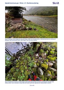 Fotografier av et flomfarevurderingsområde, inkludert en plattform ved elva og en flombarriere bestående av blokker.