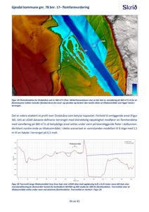Fotografi av et digitalt terrengmodell (DTM) som viser flomutbredelse i Dirdalsåna, samt en tilhørende grafisk profil over vannstandshøydene.